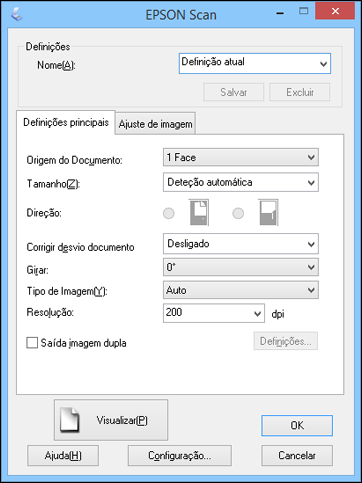 Você verá uma janela como esta: 2. Selecione opções para cada configuração de digitalização na tela. 3. Se necessário, clique no botão Visualizar.