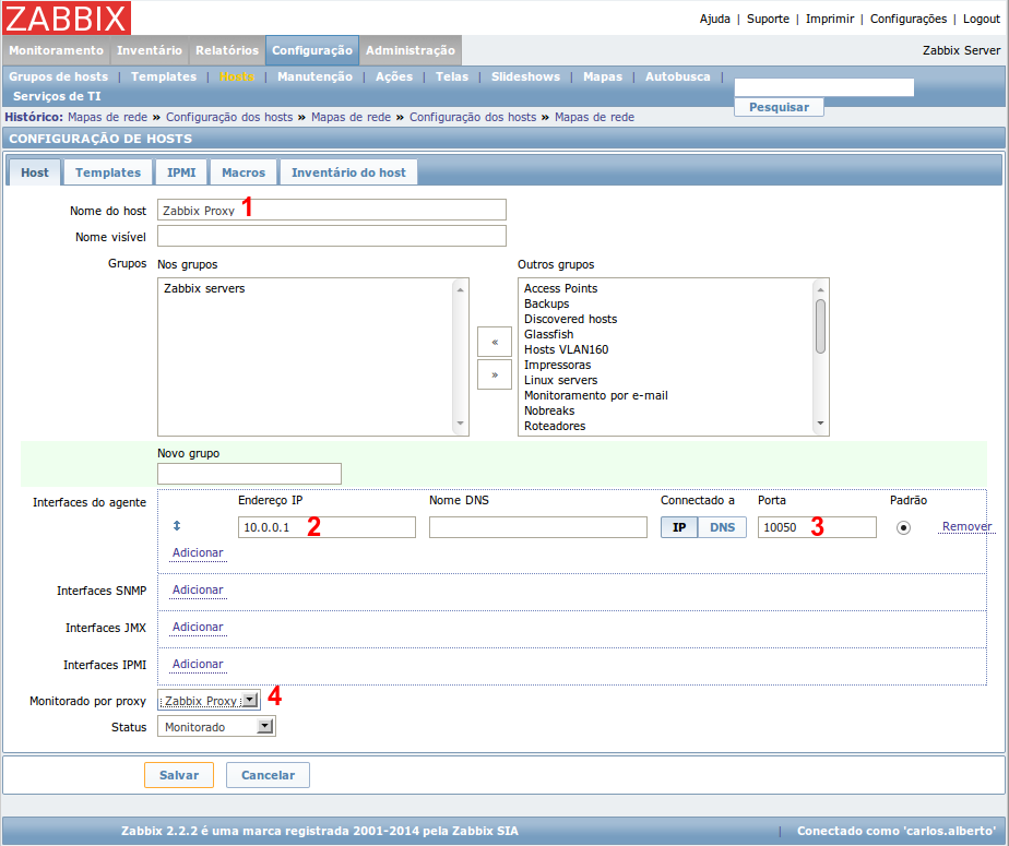 2. A tela de cadastramento de hosts aparecerá. Na aba Hosts, preencha os seguintes campos: 1) Nome do Host: Exatamente o que está no arquivo /usr/local/etc/zabbixagentd.