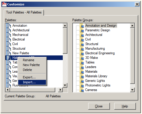 04.c) Instalando o Menu Especial ToolPalettes AutoTOPO passo 1) Digite na linha de comando do AutoCAD : Command: CUSTOMIZE + enter irá aparecer a seguinte janela: clique com o botão direito do mouse