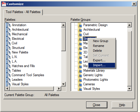 >>>> Criando o Grupo de Paletas AutoTOPO Clique com o botão direito do mouse sobre qualquer item do lado DIREITO da janela customize, e selecione o item <Import.