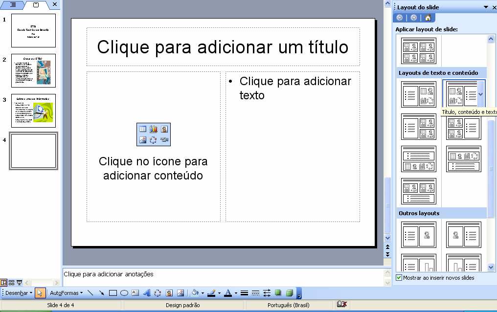 Insira outra figura de computador ou no campo da informática. Seu slide deverá ficar assim: CRIANDO O QUARTO SLIDE ele.