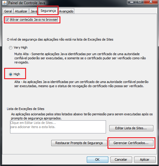 3. Clique na aba Segurança selecione a opção Ativar conteúdo Java no browser.