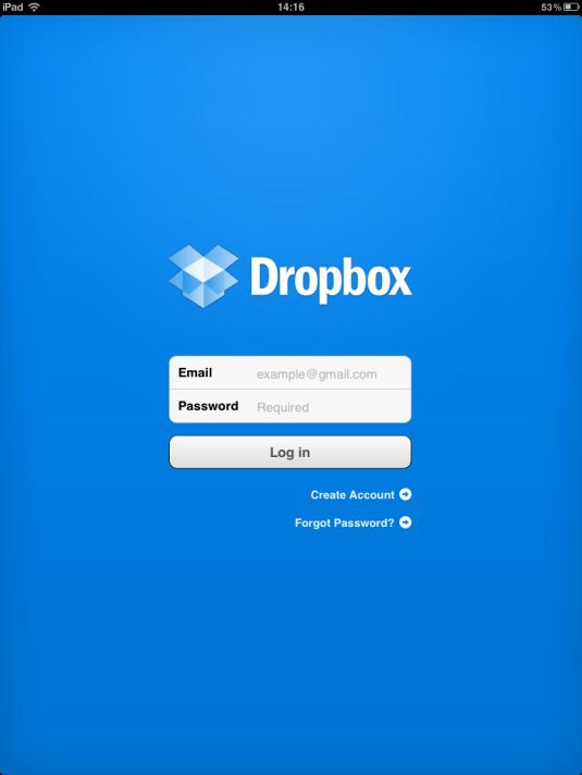 Login Dropbox: Ao tocar no botão Login Dropbox, a tela para login do Dropbox abrirá.