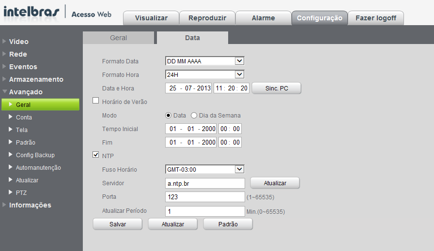 Data A tela Data será exibida, conforme a figura a seguir: Data Formato data: DD MM AAAA, MM DD AAAA, AAAA MM DD. Onde D = Dia, M = Mês e A = Ano. Formato hora: 12 ou 24 horas.