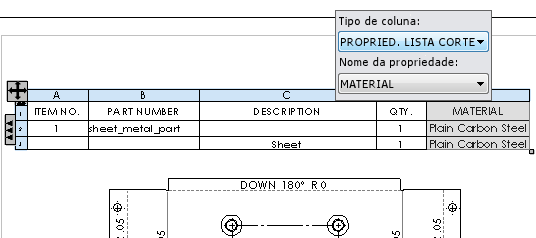 Desenhos e detalhamento Conectar uma propriedade de lista de corte a uma coluna de tabela BOM Para conectar uma propriedade de lista de corte a uma coluna de tabela BOM: Na tabela BOM, selecione a