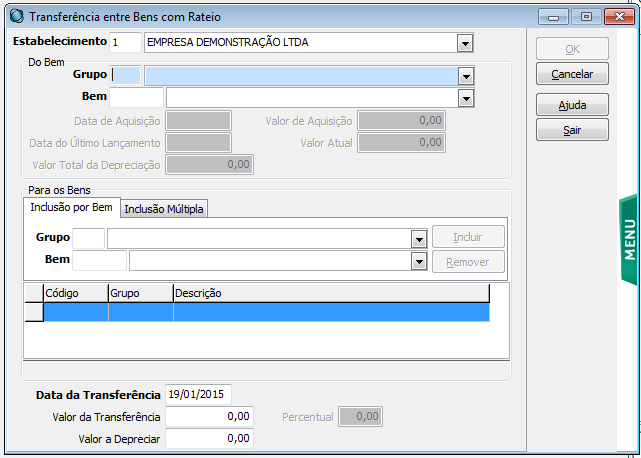 O valor transferido será dividido pela quantidade de bens de destino, rateando também o cálculo da depreciação entre estes bens, se for o caso. Estabelecimento: Selecione o código do estabelecimento.