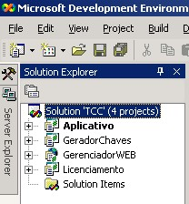 75 5.3.1 FERRAMENTAS UTILIZADAS O mecanismo de proteção foi desenvolvido com a ferramenta Visual Studio.NET 2003 da Microsoft. Foi criada uma solution chamada TCC contendo quatro projetos principais.