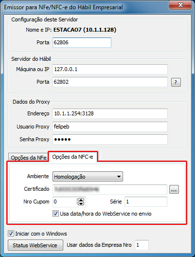 Utilizando o Hábil Empresarial NFC-e 13 Configuração deste Servidor Porta: Informe a porta que será utilizada para a emissão da NFC-e geradas pelo PDV.