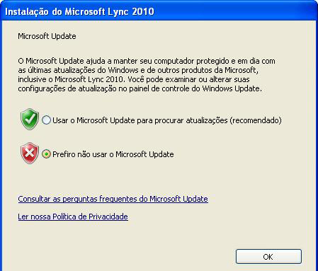 É possível optar pelo Microsoft Update. Escolha se deseja ou não receber atualizações e clique em OK. Ao concluir a instalação clique em Fechar e o programa Lync abrirá.
