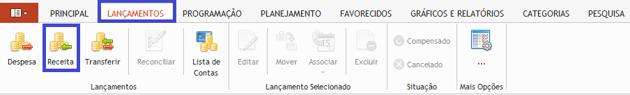 4. Selecione a Categoria; 5. Registre a data e o valor do lançamento; 6. Clique em OK para concluir seu Lançamento de Despesa. Receita: 1. Acesse a aba Lançamentos; 2. Clique em Receita ; 3.