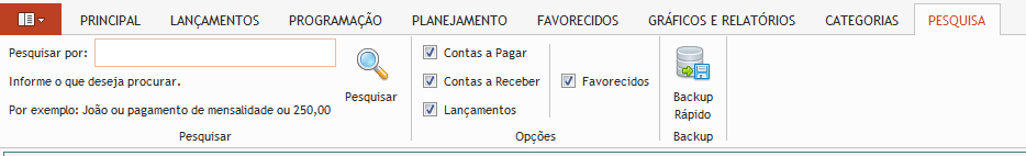 9 Pesquisa Permite a pesquisa conforme os filtros selecionados. Clique na aba Pesquisa e no campo Pesquise Por: Informe o que deseja procurar.