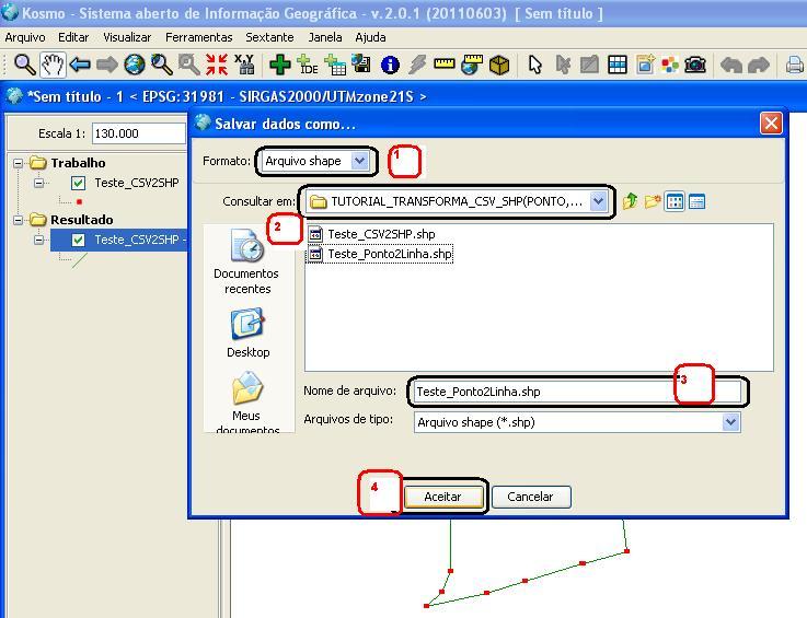 6.1 Salvando a Camada Shape Linha Clique direito no nome da camada criada Exemplo:Pontos em Resultado (1) imagem esquerda -> Na janela aberta, clique em Salvar dados como (2) imagem esquerda ; Na