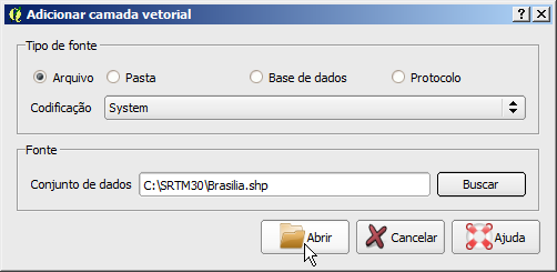 Na janela seguinte, modifique a Codificação para System e clique no botão Buscar: Figura 06. QGIS 2.8: Adicionar Camada Vetorial. Opção para localizar um arquivo shapefile.