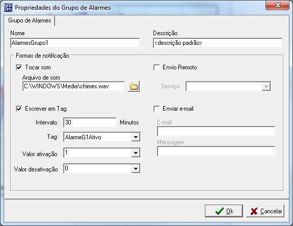 CRIAR GRUPOS DE ALARME As ações a serem tomadas na ocorrência de uma condição de alarme em um tag são definidas nos atributos do grupo a que este alarme pertence.