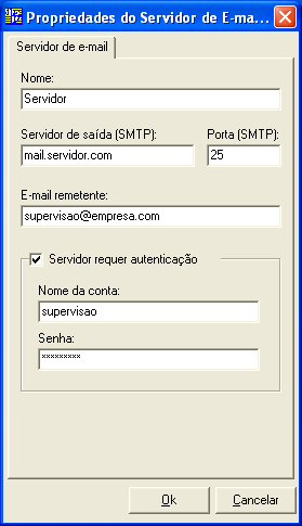 CONFIGURAÇÃO DO SERVIDOR DE E-MAIL Para utilização da função de envio de e-mail na ocorrência de uma condição de alarme, é necessária a configuração no SuperView de uma conta em um servidor de e-mail