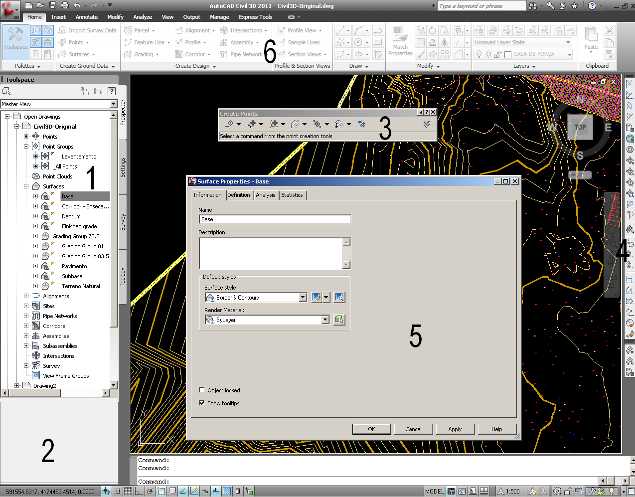 Na Figura 3, visualizamos a interface do AutoCAD Civil 3D. Figura 3 1) TOOLSPACE: para gestão de objetos existem quatro separadores, Prospector, Settings, Survey e Toolbox.