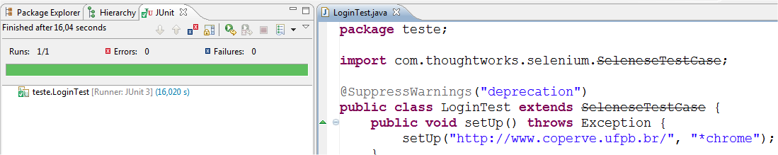 Selenium IDE para Selenium RC Executar o Teste > LoginTest.