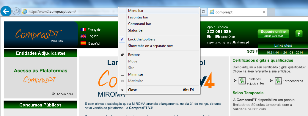 4.1.1.1 Verificar Versão Internet Explorer A Plataforma compraspt tem total compatibilidade com o navegador Internet Explorer (versão 9).