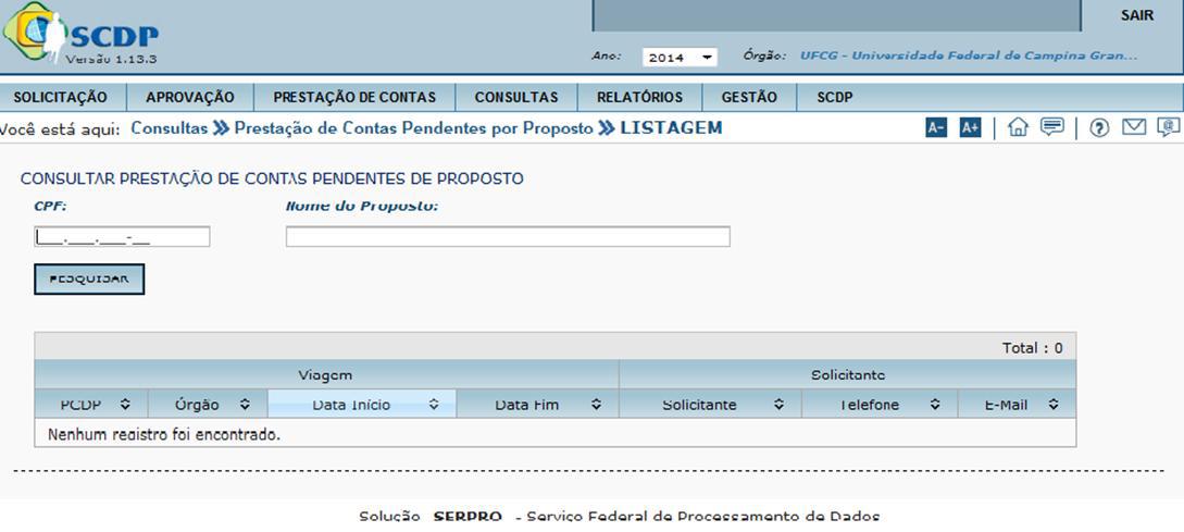 : Essa consulta disponibiliza apenas as prestações de contas pendentes dentro do Órgão.