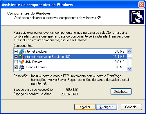 Clique em Adicionar/Remover componentes do Windows; Na tela