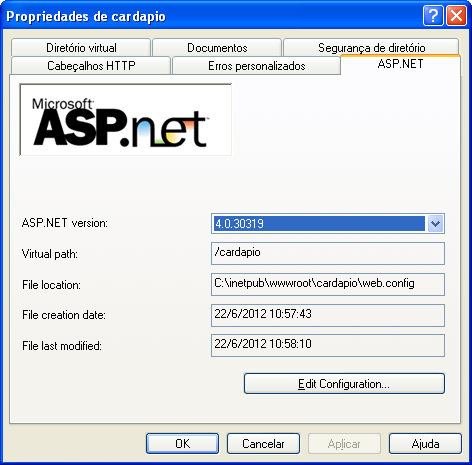 Clique com o botão direito em cardápio e depois em propriedades; Na aba ASP.NET, selecione 4.0.