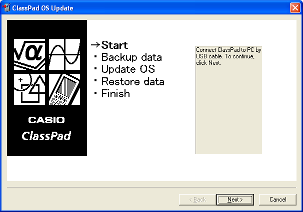1 Prepare o aplicativo de atualização do sistema operacional da ClassPad no computador. 5.