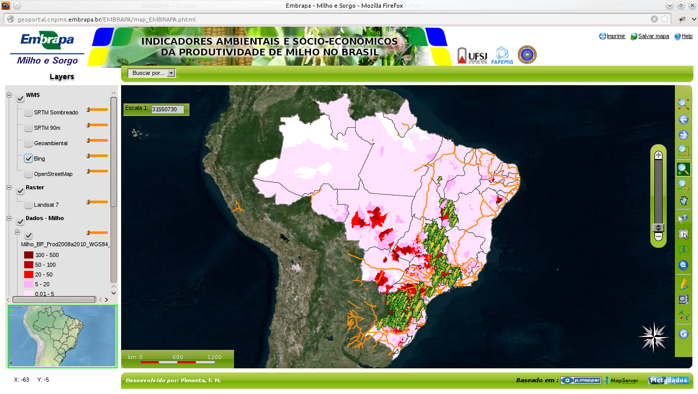 4) Implementação dos dados cartográficos no servidor de mapas A implementação da base de dados no servidor de mapas foi programada utilizando o framework p.mapper.