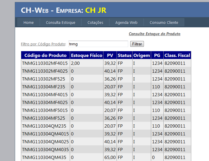 4) CH-Web: Consulta Estoque: Está função permite consultar o estoque físico da empresa distribuidora. Clique em Consulta Estoque.