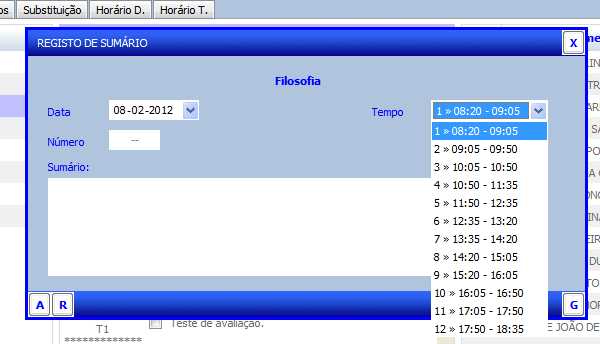 Sumários da Componente Letiva Para escrever um novo sumário clicar no botão [+].