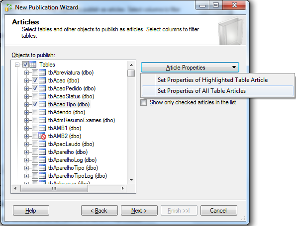 Figura 12. Verificando as propriedades das tabelas selecionadas A Figura 13, mostra a tela de propriedades que podemos alterar para replicar, tanto a estrutura da tabela, quando seus dados.