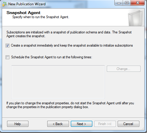 Figura 15. Configuração do Snapshopt Agent Na Figura 16, vamos configurar as contas de usuários que irão executar o Snapshot Agent e Log Reader Agent.
