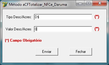 - A totalização será feita agora, clique no menu Métodos Emissão -> submenu Totalizar -> Método acftotalizar_nfce_daruma.