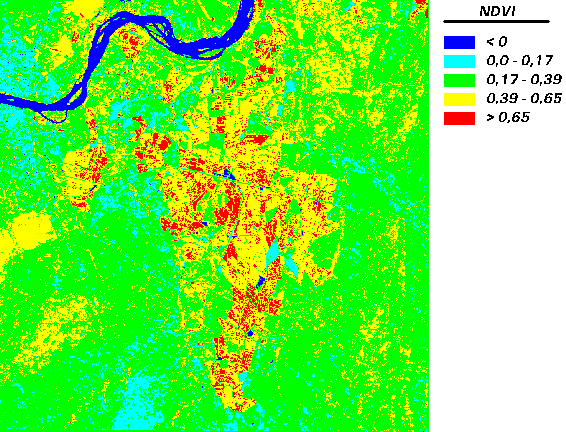 As áreas vegetadas e de cultivos estão representadas na tonalidade amarela com respectivos valores inferiores a 0,65 e maior percentual dessas áreas identificado na imagem de 2007.