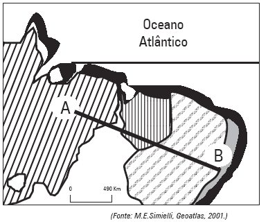 16. (Unifesp) Observe o mapa: A seqüência correta de vegetação natural indicada pelo perfil A B é: (A) Floresta Eequatorial, Caatinga, Cerrado e Mangue.