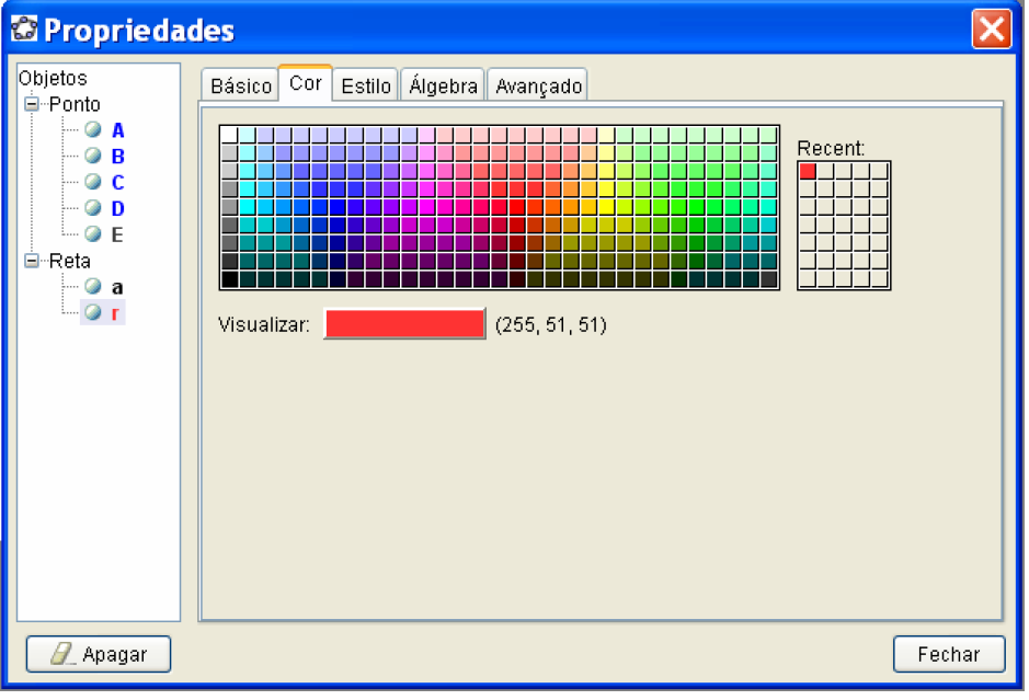 14 CAPÍTULO 1. PRIMEIROS PASSOS COM O GEOGEBRA Abra a opção Cor. Uma paleta de cores aparecerá na tela. Selecionando uma cor com o clique do mouse, mude a cor da reta. Abra depois a opção Estilo.