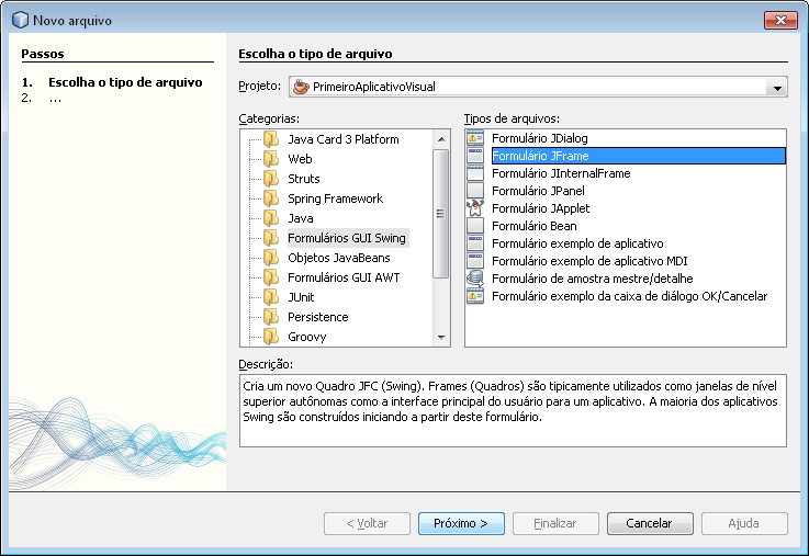 depois escolha novo e Formulário JFrame.