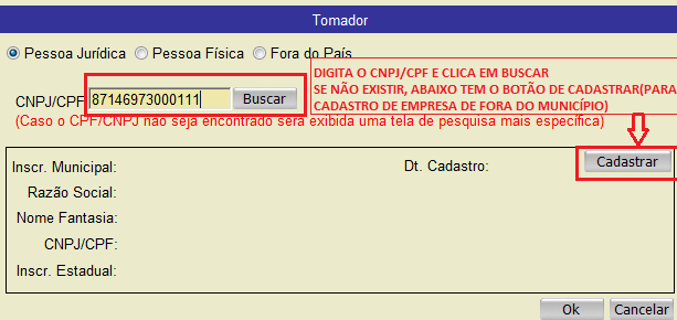 Digite o CPF/CNPJ para buscar o Tomador cadastrado