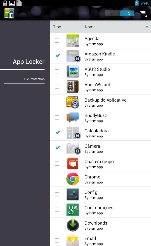 Tela do App Locker Toque neste ícone para abrir as configurações do App Locker. Mova a barra de controle para a direita para ativar a lista de aplicativos.