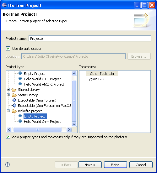 2. Escolha o nome que quer dar ao projecto 1. Neste exemplo assume-se que o projecto tem o nome Projecto. Certifique-se que escolhe Empty Project na opção Makefile Project.