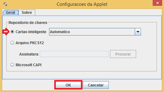 Passo 5: Caso você não consiga assinar usando a opção Microsoft CAPI, acesse novamente a tela de configuração utilizando o link