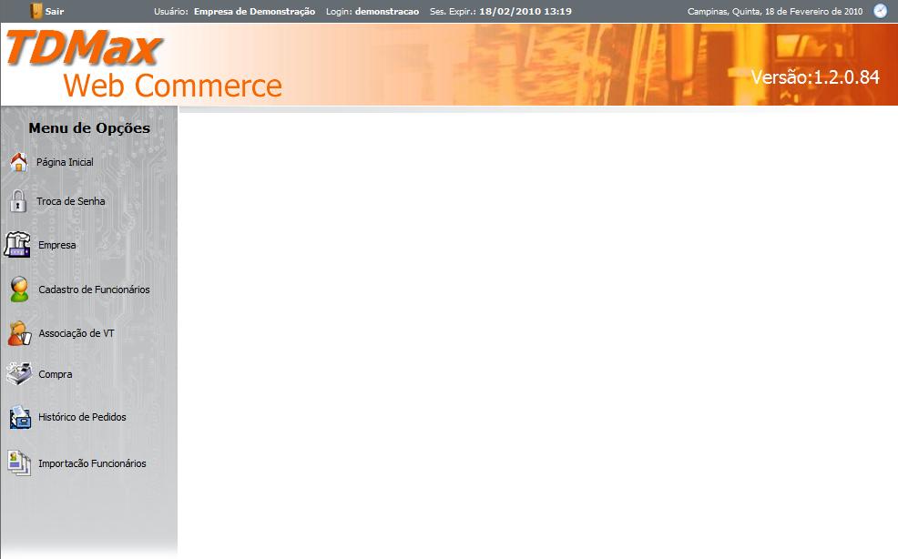 2.4 Interface inicial (Ambiente de trabalho TDMAx Web Commerce) Cabeçalho Menu de Opções (Ferramentas do Sistema). 2.