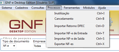 13.3.4 Consultas NF-e de Entrada Ao consultar este submenu, o GNF-e irá abrir uma tela listando todas as notas fiscais de Entrada.