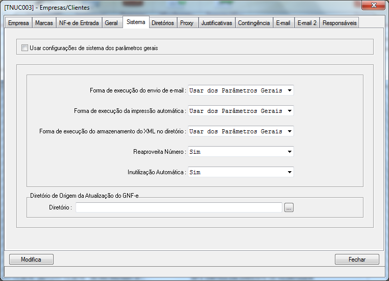 Figura 64 Empresas/Clientes Sistema Na aba Diretórios encontra-se a lista dos diretórios utilizados para a gravação do XML ou TXT, ou seja, os arquivos com a