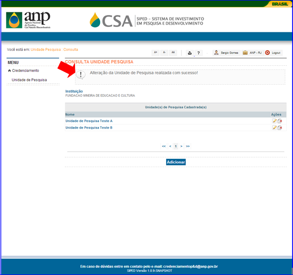 Tela de Alteração de Unidade de Pesquisa realizada com sucesso 4.1.