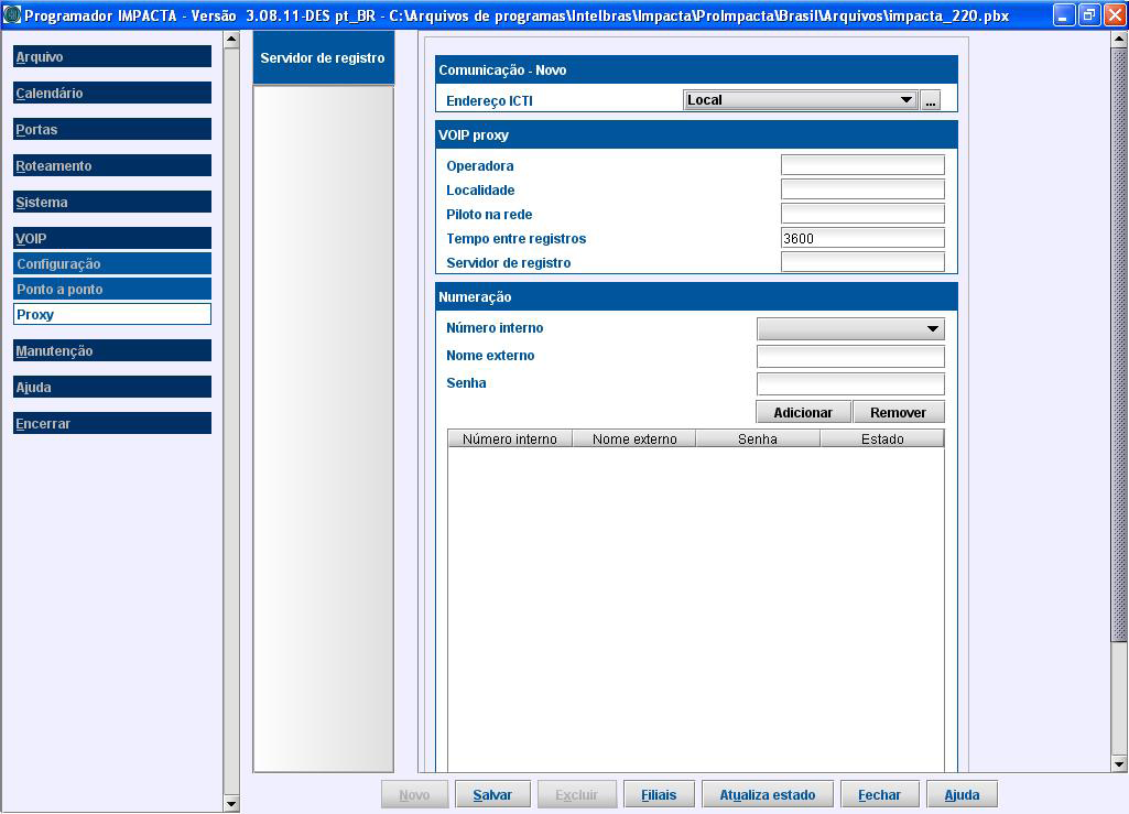 Na figura acima, os campos Número interno e Número externo referem-se aos do PABX da filial que se deseja estabelecer comunicação. VoIP ponto a ponto filial Localidade: nome do PABX da filial.