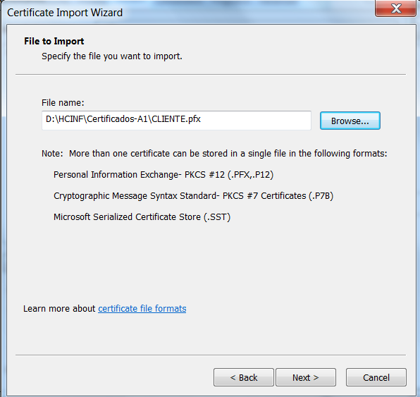 Após pressionar o botão Import... será apresentada uma janela conforme figura abaixo. Pressione Next para continuar a importação do certificado.