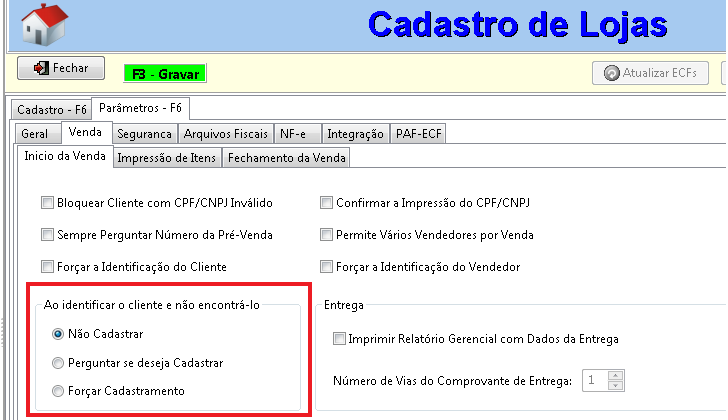 Através dos parâmetros de venda, pelo Monitor em Cadastro Lojas Parâmetros Venda Início da Venda.