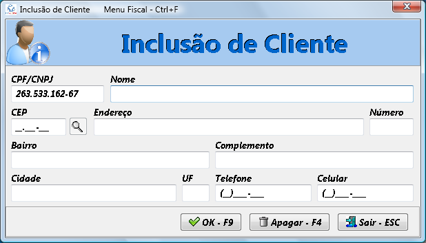 9.1.2 Perguntar se deseja cadastrar Ao escolher esta opção o usuário informa o CPF/CNPJ válido e Enter para confirmar, será apresentado a tela com a pergunta Deseja incluir este cliente?