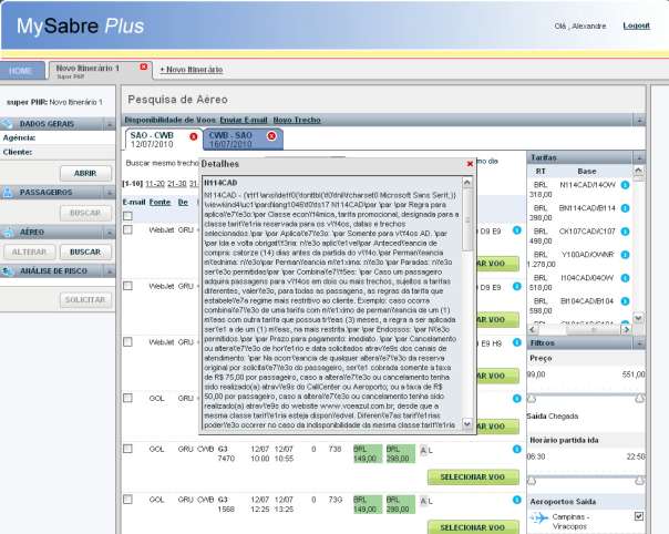 MySabre Plus Resultados da busca + Regras Tarifárias Tarifas de referência Tarifas de