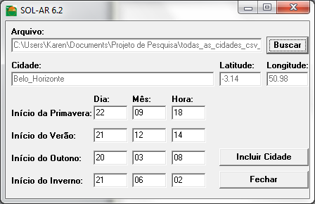 22 A função 3 do menu Arquivo (Incluir Nova Cidade), deixada para o fim por envolver um procedimento específico, serve para que se incluam Arquivos Climáticos de outras cidades que não estejam